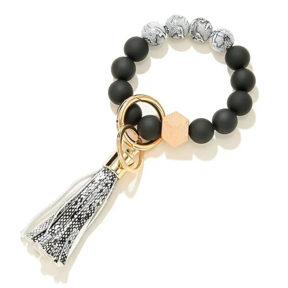 Wooden Animal Print Beaded Bracelet Keychain Purse Charm-Black/White Snake Print